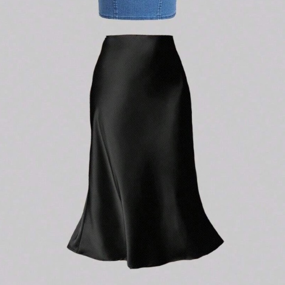 Black Satin A-Line Skirt High Waisted Midi - Picture 6 of 7